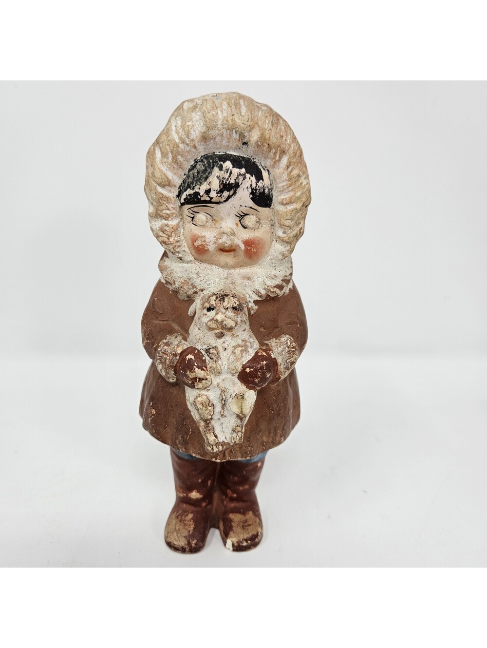 Vintage Eskimo Inuit Child Plaster Doll Holding A Seal Pup ? MCM Made in Japan